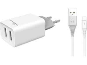 Φορτιστής τοίχου POWERTECH & καλώδιο Micro USB PT-775, 2x USB, 2.1A